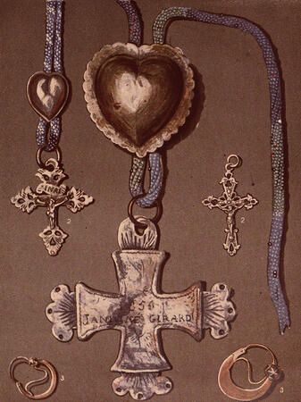 "Croix et cœurs portés par les paysans de Saint-Colomban. Boucles d’oreilles de Tarentaise"