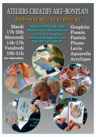 Ateliers créatifs (graphite, fusain, pastels, aquarelle, encre, acrylique, peinture au couteau, collage).